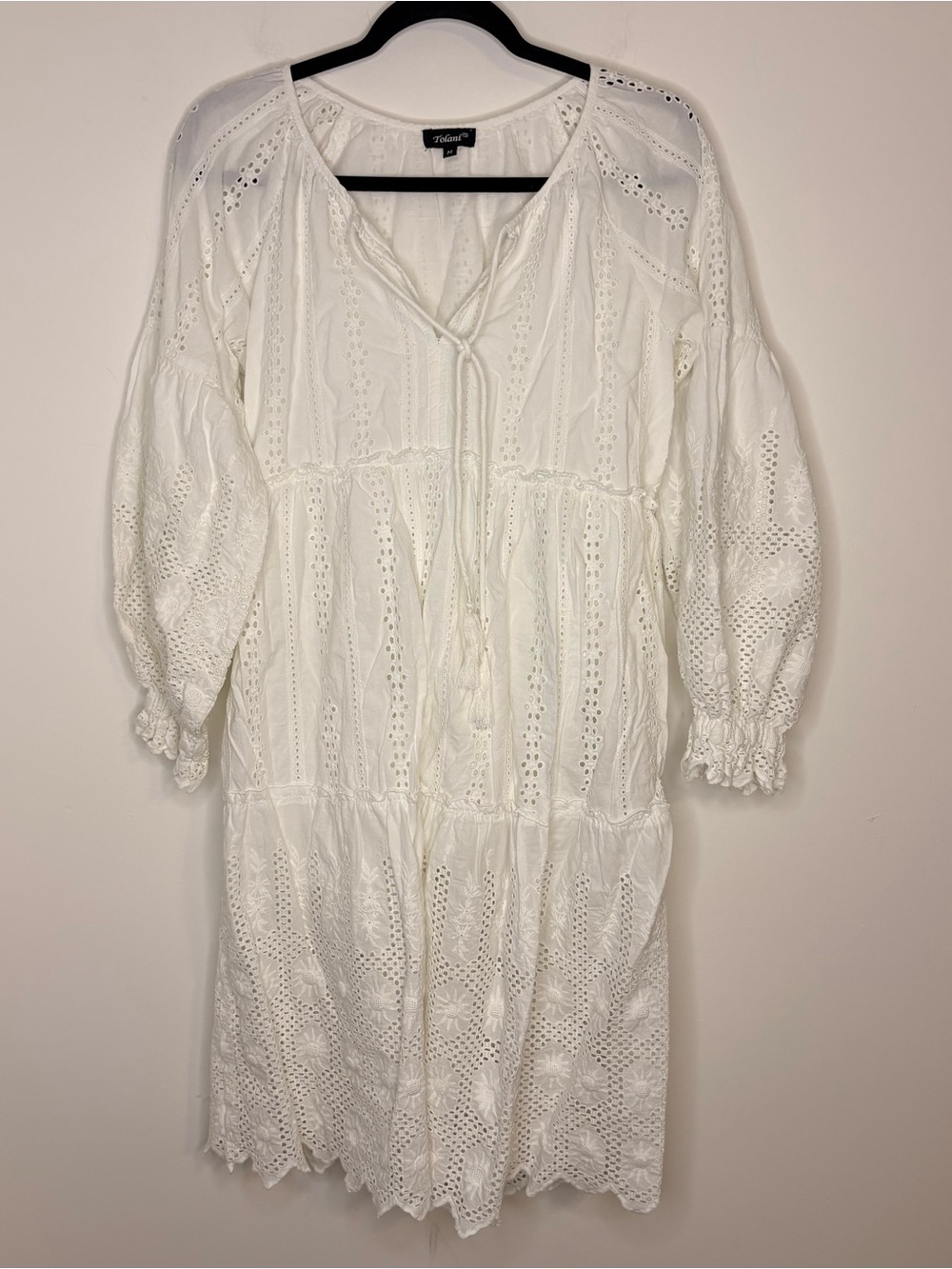 Tolani White Eyelet Balloon Sleeve Tiered Midi Boho Cottagecore Dress Size M